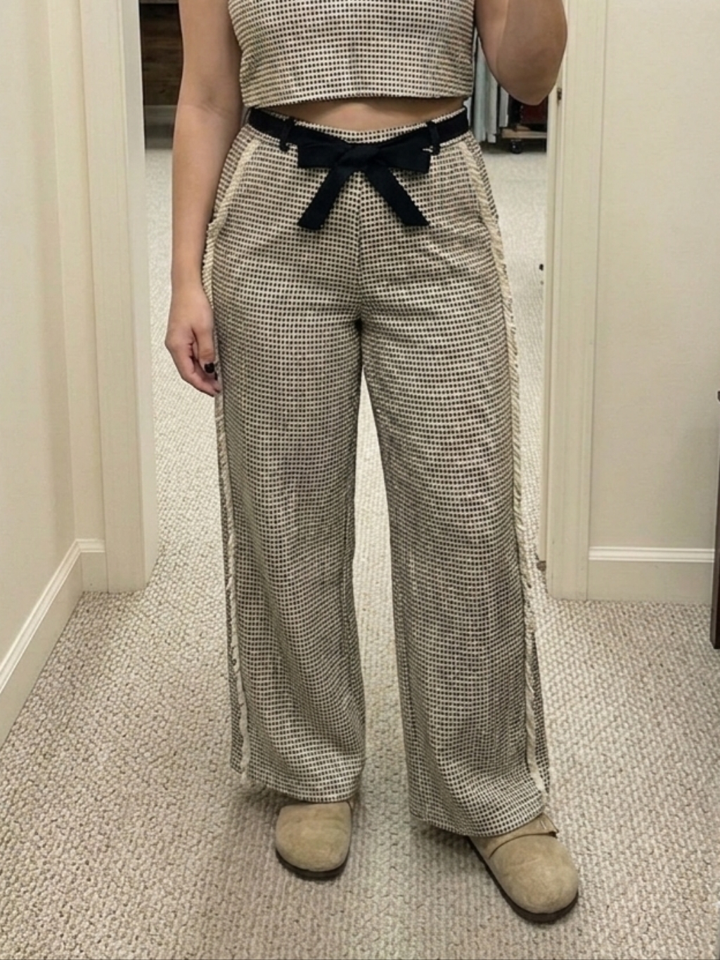 New Pol 100% Cotton Woven Cream Black Gold Thread Fringe Trim Wide Leg Pants